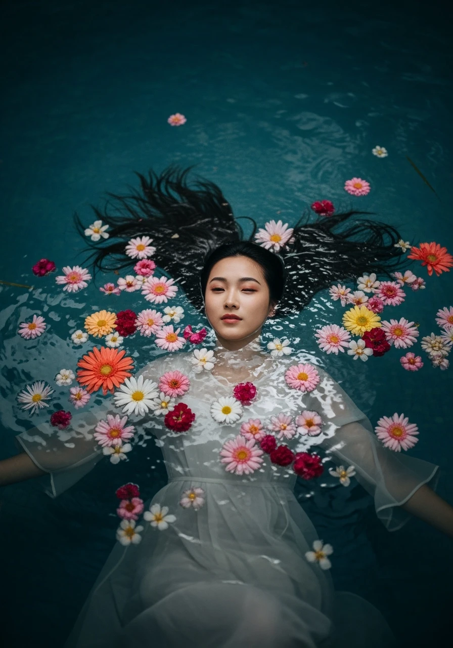Camera drom top, Motion blur Extreme Closeup photo of a beautifull woman lay around beautifull colorfull flowers in water, cinematic light, 8K, very detailed, sharp, depth (foreground, midground, background) Spotlight, dark environemnt emoji