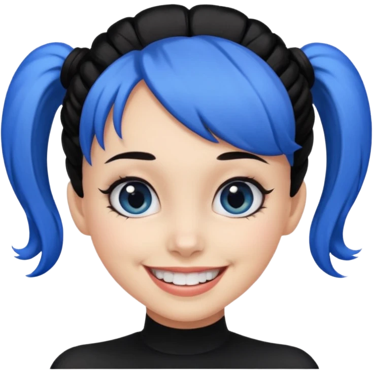 Now tied up her hair in a bun, the on her head is black, but blue bang on front. Bigger eyes and brighter smile, show teeth while smiling emoji