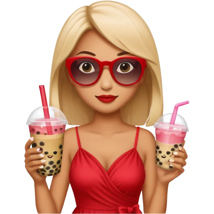 Female in red dress, holding bubble tea, wearing sunglasses emoji