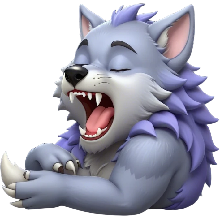 Cinematic Cute Yawning Werewolf Portrait Emoji, with a cuddly, miniature lupine form in soft moonlit grays and silvers, head leaning back in a big, adorable yawn that reveals a few fuzzy teeth, simplified yet irresistibly charming, highly detailed with a soft glowing outline that captures the drowsy, playful essence of a werewolf mid-nap! emoji
