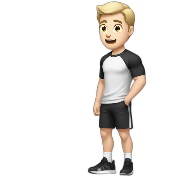 amazed Open with surprise mouth Pale skinned Fit Man With the biceps and dark brown hair in black shirt, gray sports shorts and white Sneakers emoji