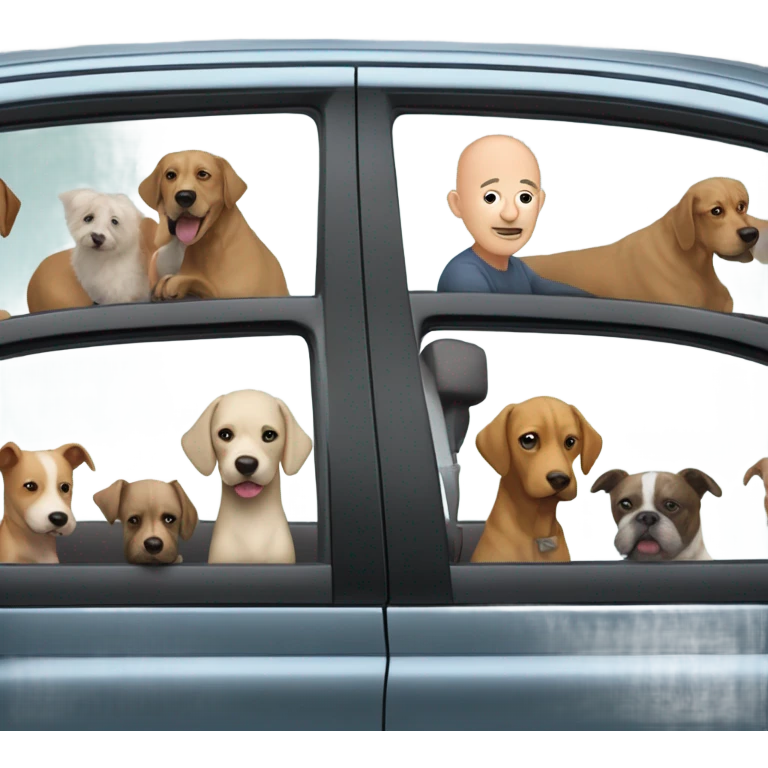 A bald man in his 50s driving a Prius filled with a bunch of dogs sticking their heads out of the windows emoji