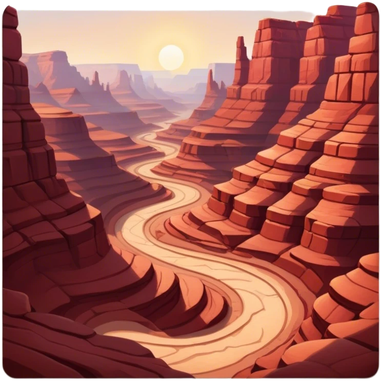 Cinematic Realistic Canyon Emoji, Vast and rugged, with deep red rock formations and winding paths leading down to a dry, dusty floor. Sunlight casts long shadows across the craggy surfaces, highlighting the layers of ancient rock. Soft glowing outline, capturing the essence of dramatic beauty and ancient history in a mighty canyon. emoji