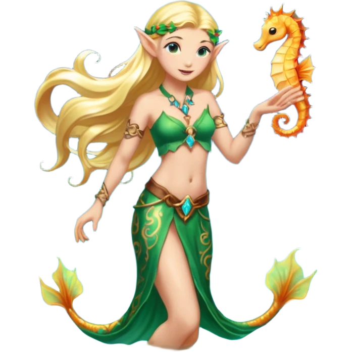 female elf in shimmering pareo, releasing glowing seahorse. Ankle tattoos emoji