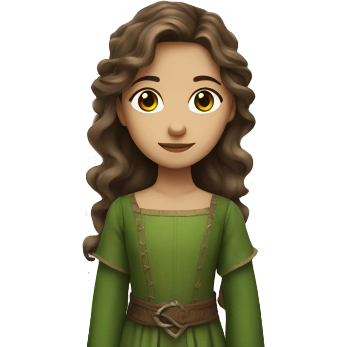 girl with brown long wavy hair, brown eyes, green medieval dress emoji