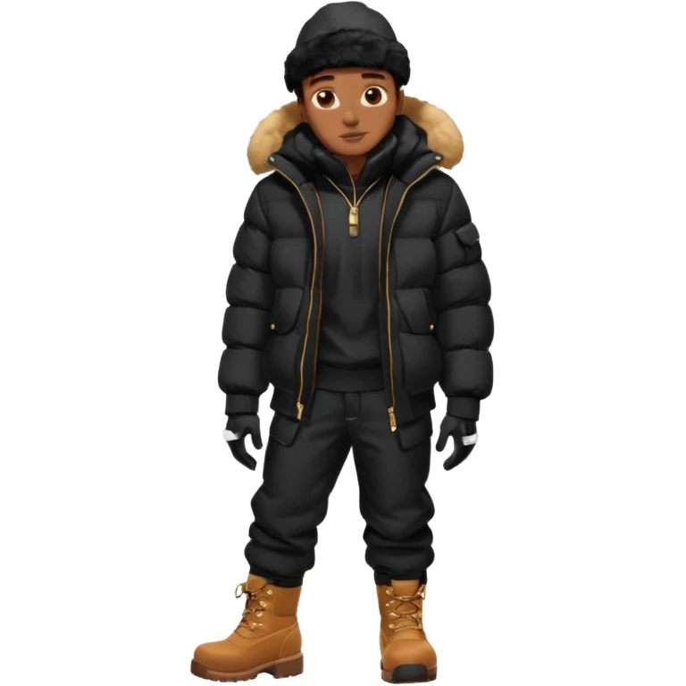 Handsome Black grown man with brown skin tone, wear black joggers, a black bubble coat with a fur brim on the hood, and buckwheat timberland boots, and black gloves emoji