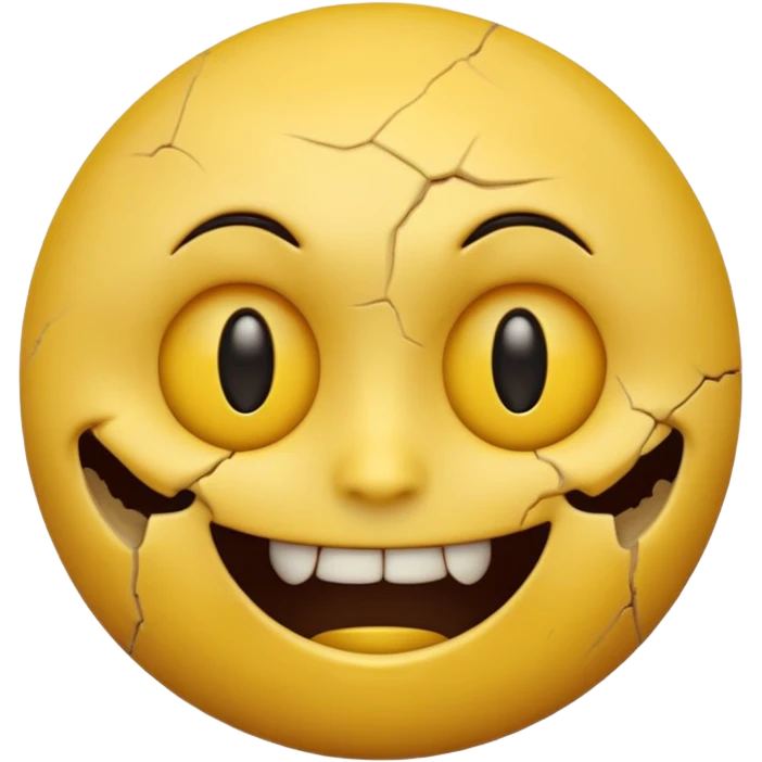 A horror-style emoji face, round yellow emoji shape, distorted facial expression, dark hollow eyes, creepy smile, cracked surface, unsettling mood, high detail, 3D render
 emoji