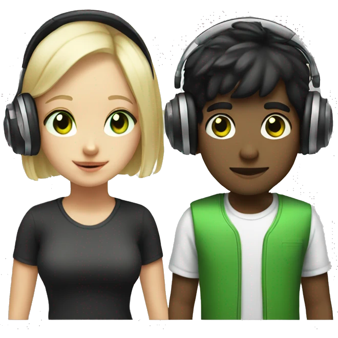 black hair boy and blonde girl green eyes with headphones emoji