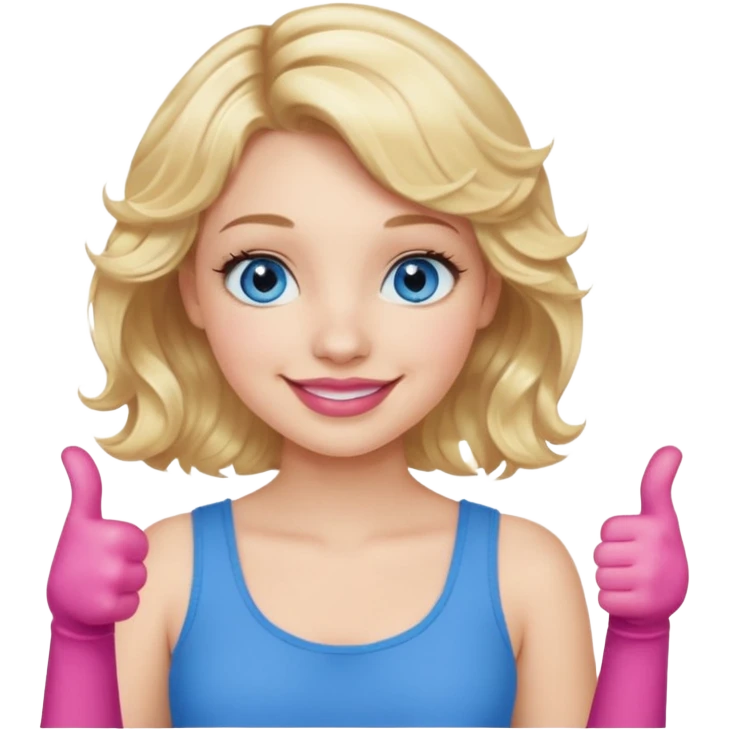 Girl Blonde short wavy hair,  blue eyes, cute blue top, long lashes, pink lips, smiling, thumbs up emoji