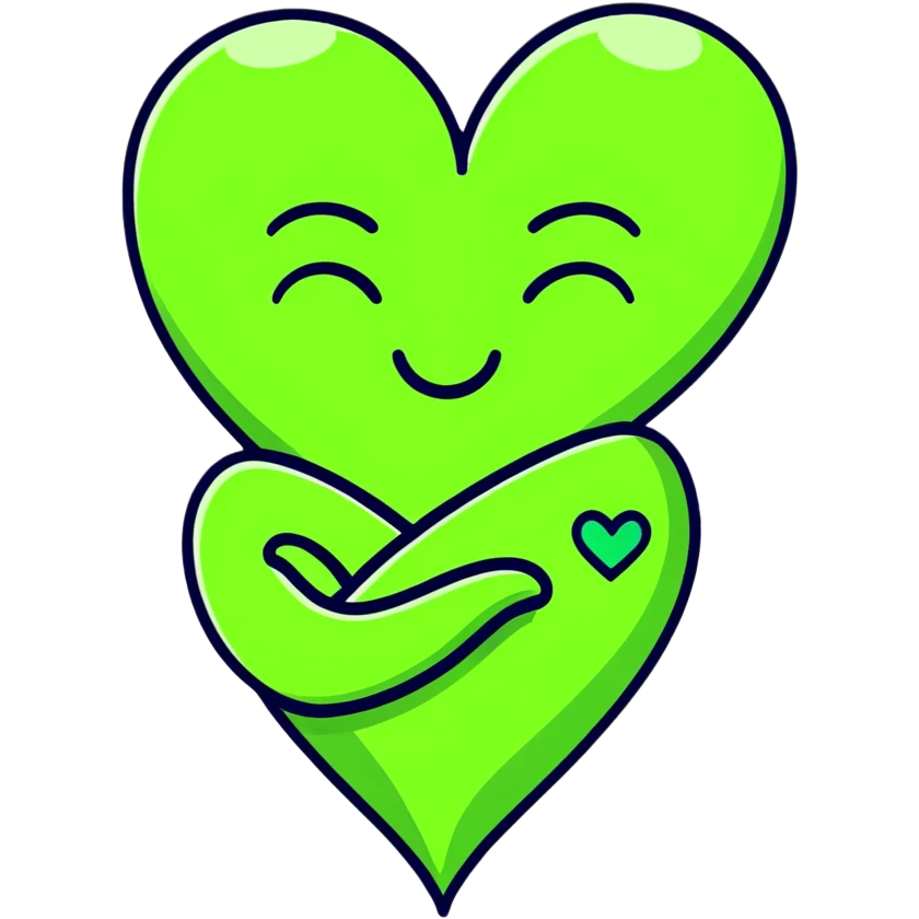 green face emoticon with closed eyes hugging a green heart, expressing care and support emoji