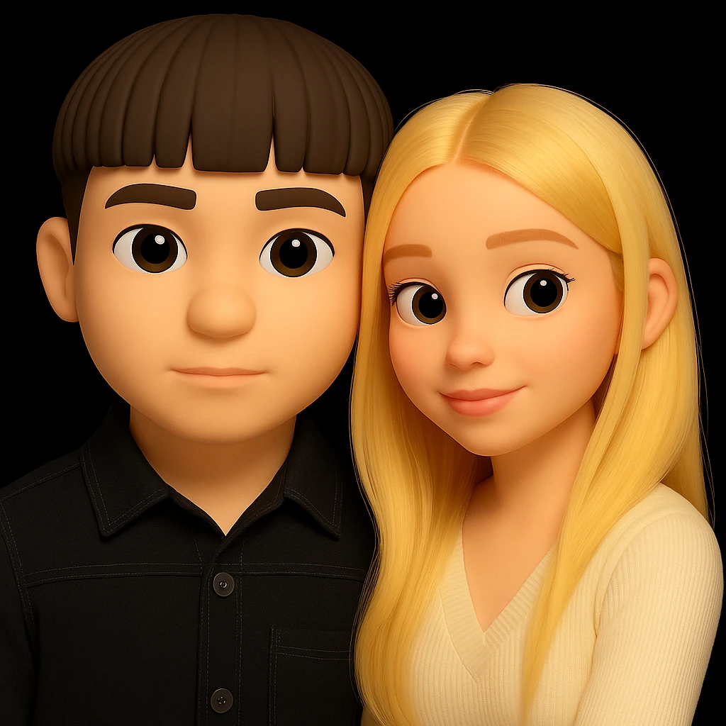 Combine both people from the provided images into one high quality 3D emoji style composition. Keep the 3D emoji style and realistic details, placing them together harmoniously in a single composition. The style should resemble microsoft style 3d fluent emojis with realistic details. emoji