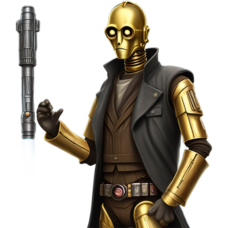 tarnished undercover tough well-equipped Jedi  life-sized darkblue-pearl C3po leather vest clothing pants and vest old west duster coat holding light saber sheriff emoji