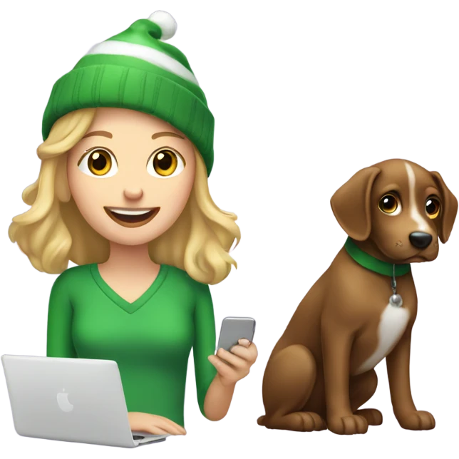 girl in monitor christmas with dog and iphone emoji