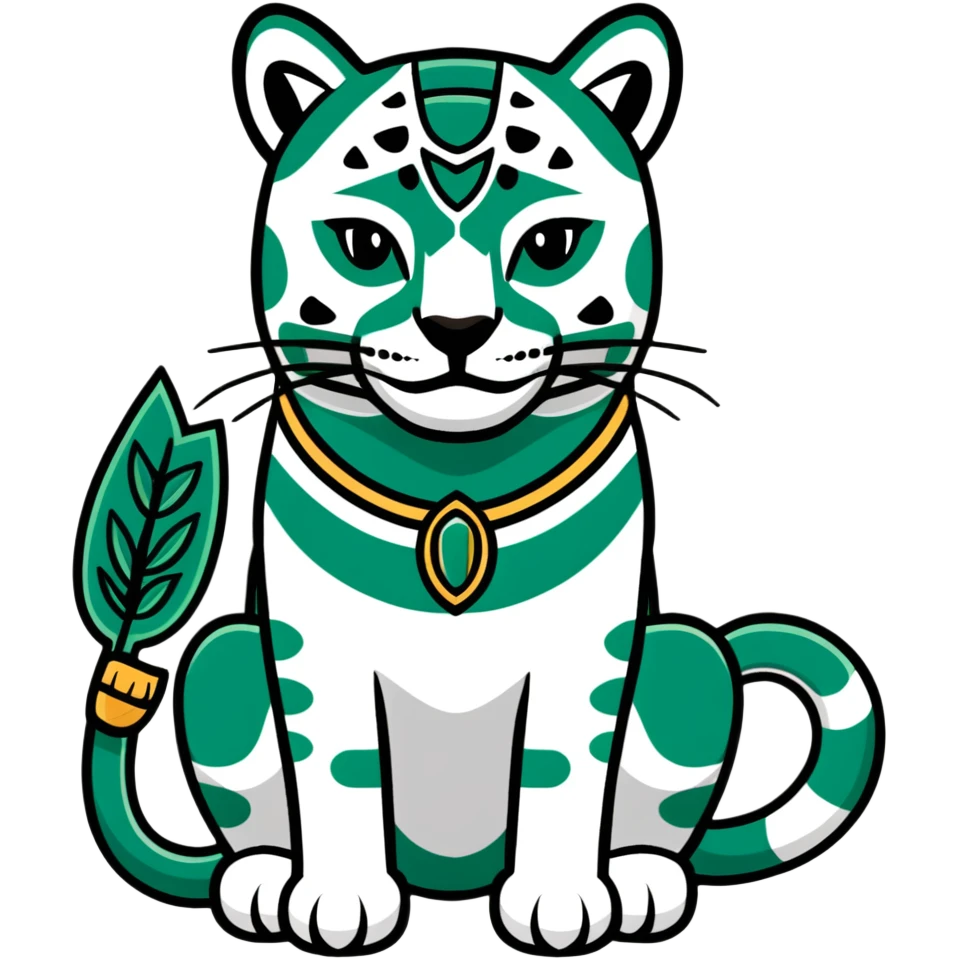 Maya sacred jaguar messenger - important message, perfect geometric lines like hieroglyphics, ONLY white and deep green colors, no other colors, flat design emoji