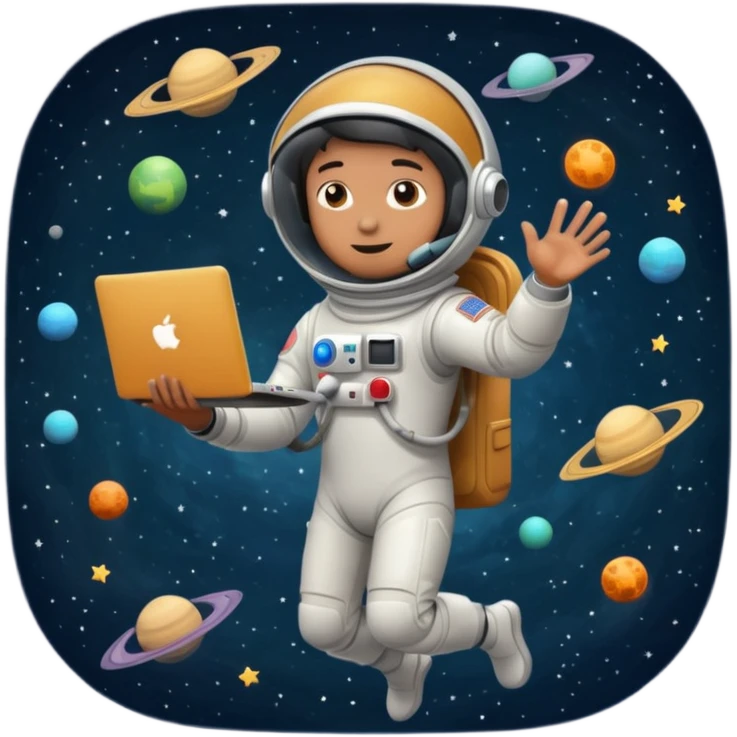 Uomo spaziale che fluttua nell'universo con un computer in mano emoji