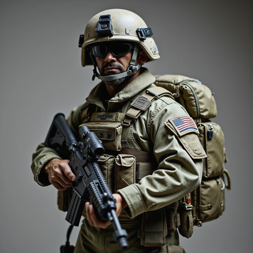 realistic military style soldier with gun, chest rig, backpack, and helmet emoji