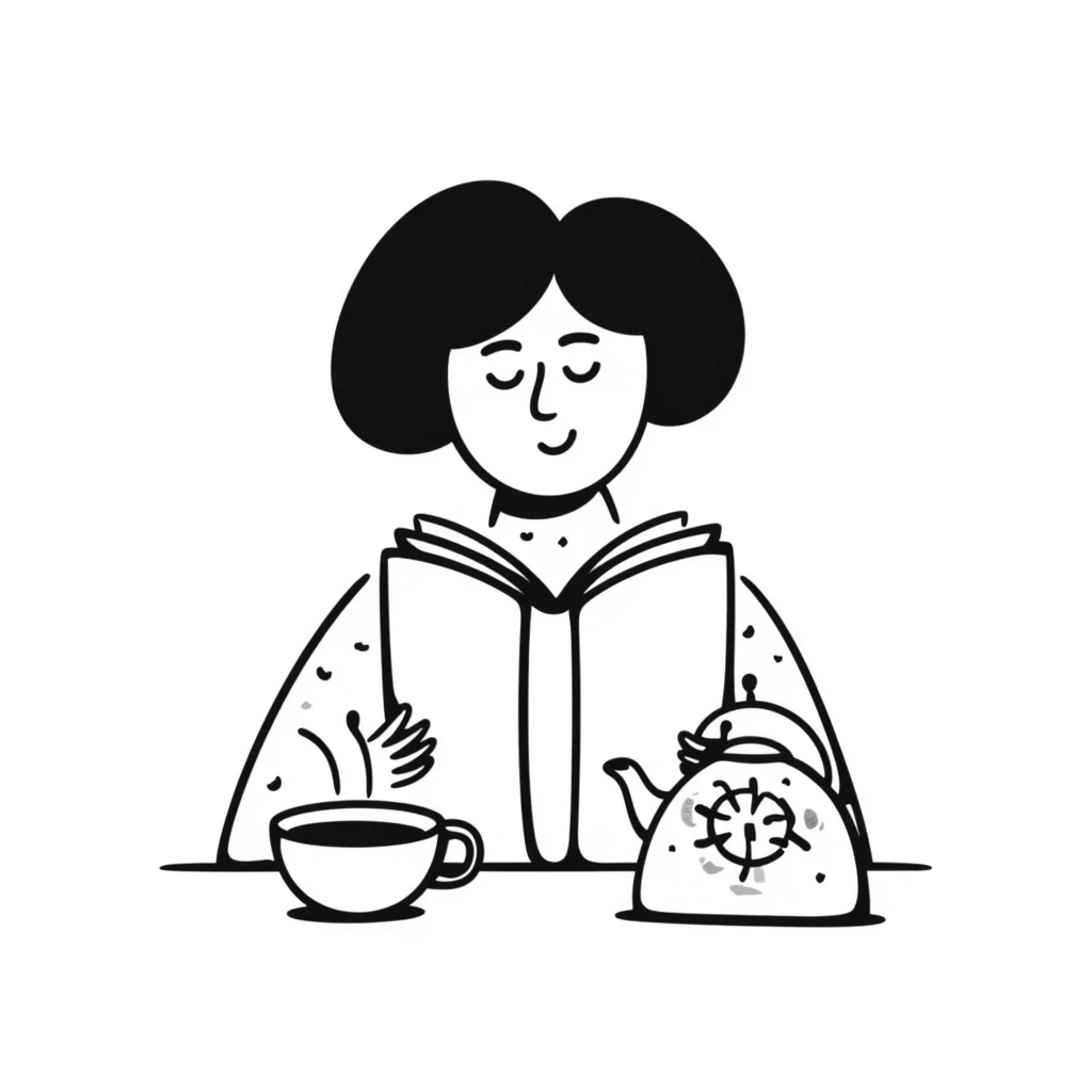 A person comfortably reading a book with a cup of tea nearby emoji