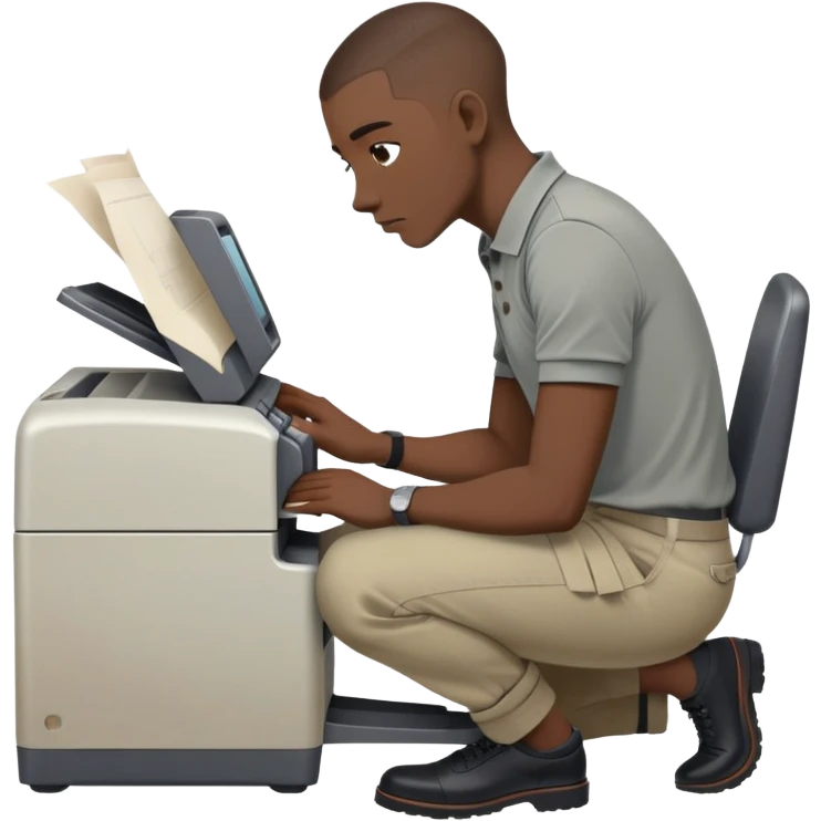 Gender: Male Hair: Buzzcut with faded sides, black Face: Furrowed brows, downturned lips Clothes: Rolled-sleeve polo shirt, chinos Action: Kneeling by jammed printer with paper scraps emoji