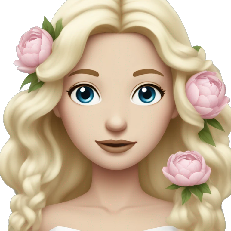 White bride with long light blonde hair and blue eyes with light pink peonies in hair white skin  emoji