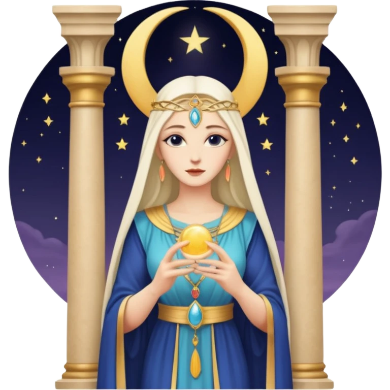 The High Priestess tarot card emoji inspired by Rider Waite Smith deck, serene woman between two pillars, crescent moon, concise and vibrant emoji