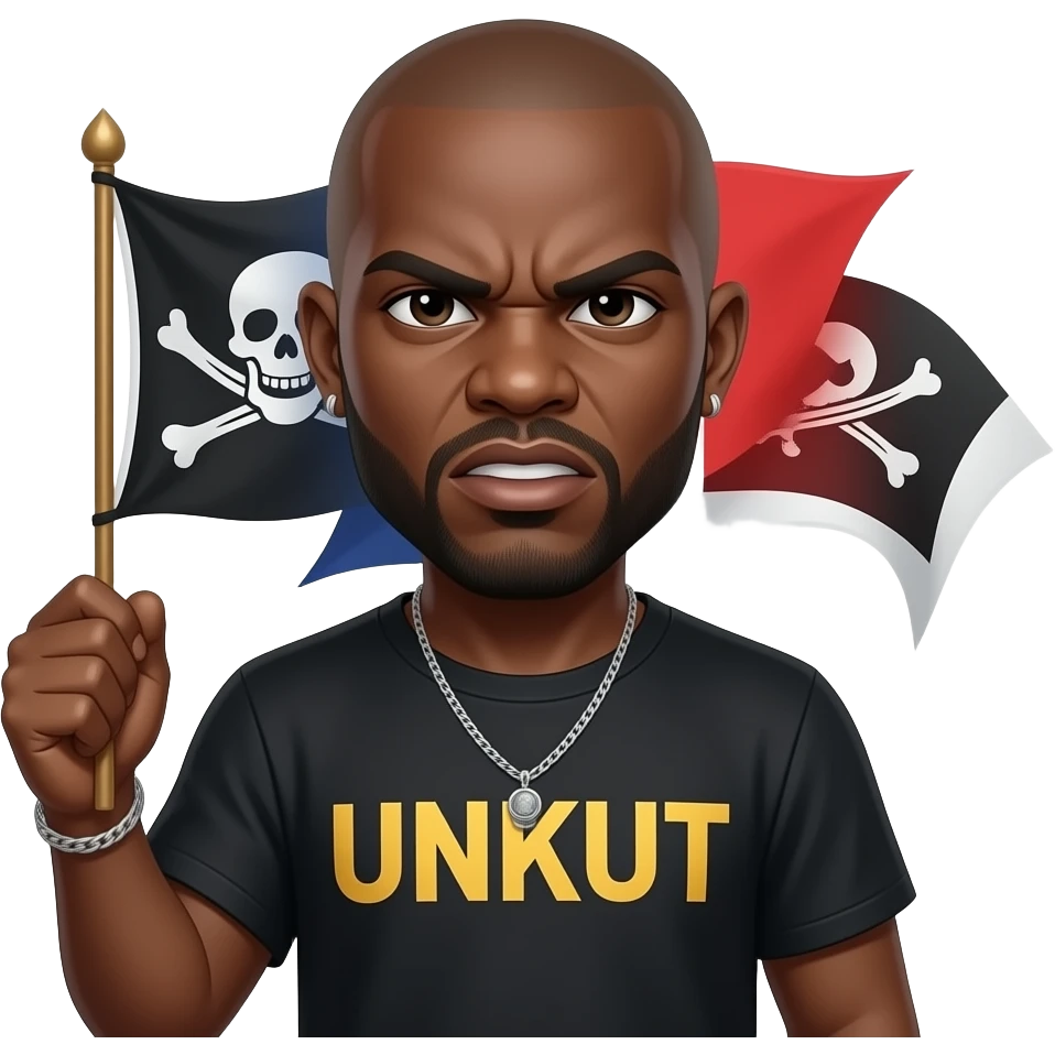 french rapper booba with bald head et angry eyebrows et unkut teeshirt holding the pirate flag emoji