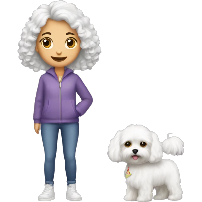 Maltese dog with owner of curly hair girl mid length and fair skin  emoji