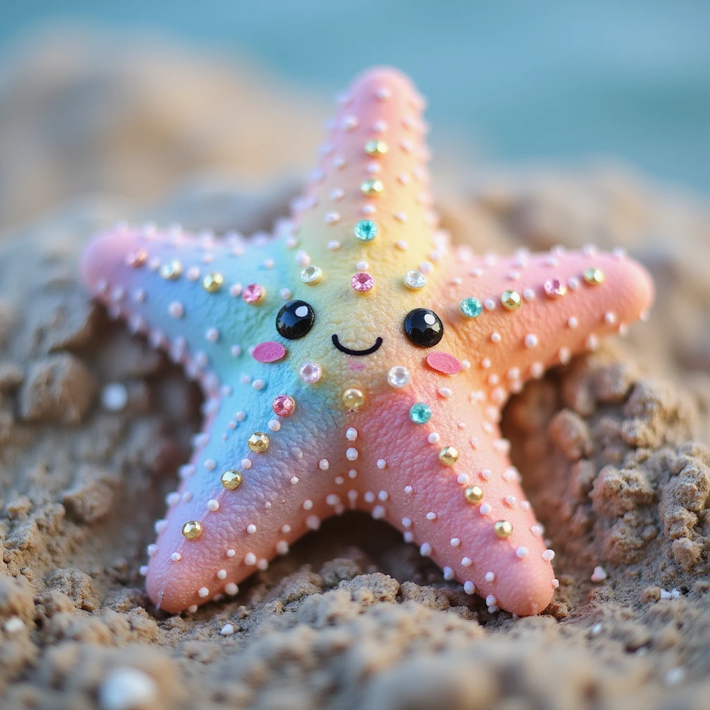 realistic sea star with rainbow pastel colors, bedazzled with gems, subtle kawaii touches, sparkles, photorealistic, soft lighting, natural texture, gentle cute expression emoji