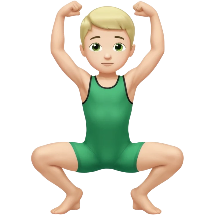 Little boy in a green sleeveless u-neck legless leotard flexing his arms and bending his knees emoji