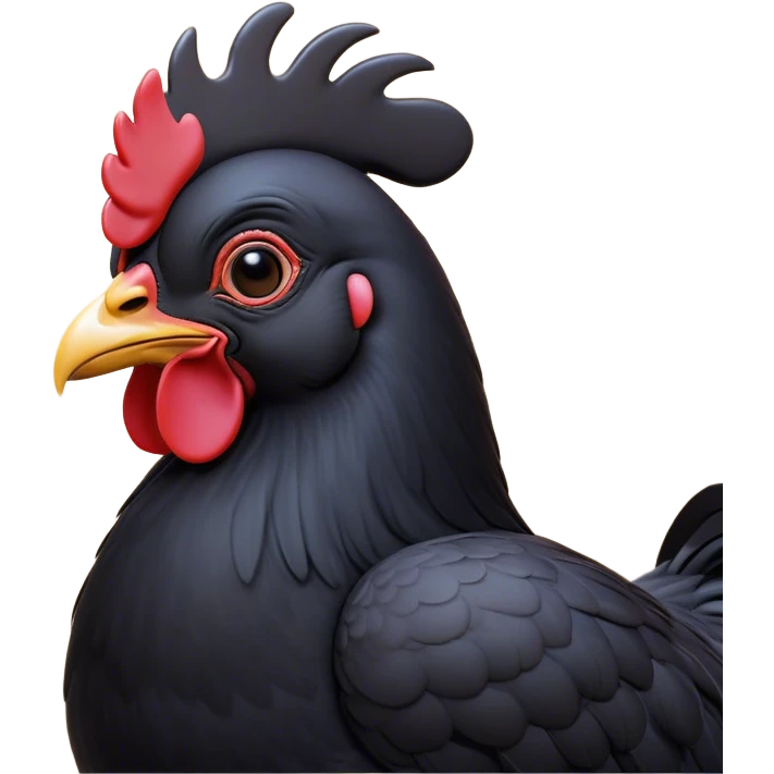 Cinematic Noble Black Chicken Portrait Emoji, Poised and regal, with a compact, sturdy build and a glossy, well-groomed pure black plumage, deep-set soulful beady eyes, Simplified yet sharp and sophisticated features, highly detailed, glowing with a soft, dignified glow, high shine, intelligent and alert, stylized with an air of mysterious elegance, focused and attentive, soft glowing outline, capturing the essence of a watchful and confident fowl, so majestic it feels as though it could strut out of the screen with effortless authority! emoji
