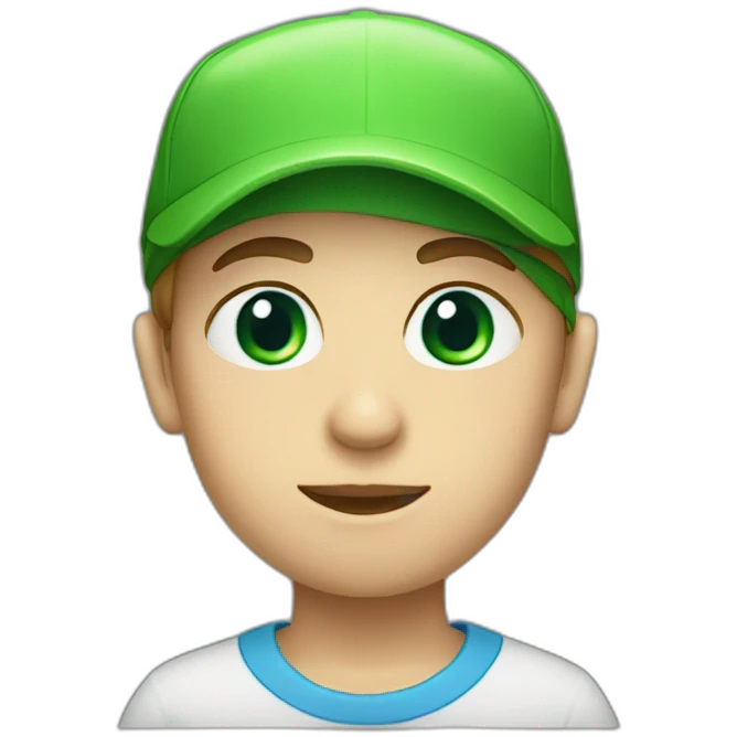 boy with green eyes and triangle head face shape, wearing a reverse blue cap emoji