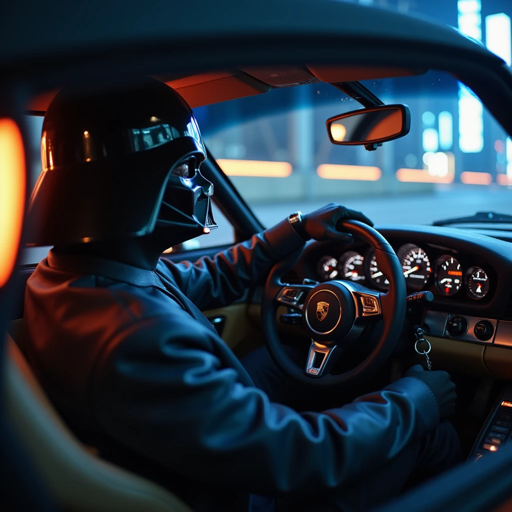 Cinematic shot of aDarth vader sitting in porsche 911, blue and orange lights  emoji