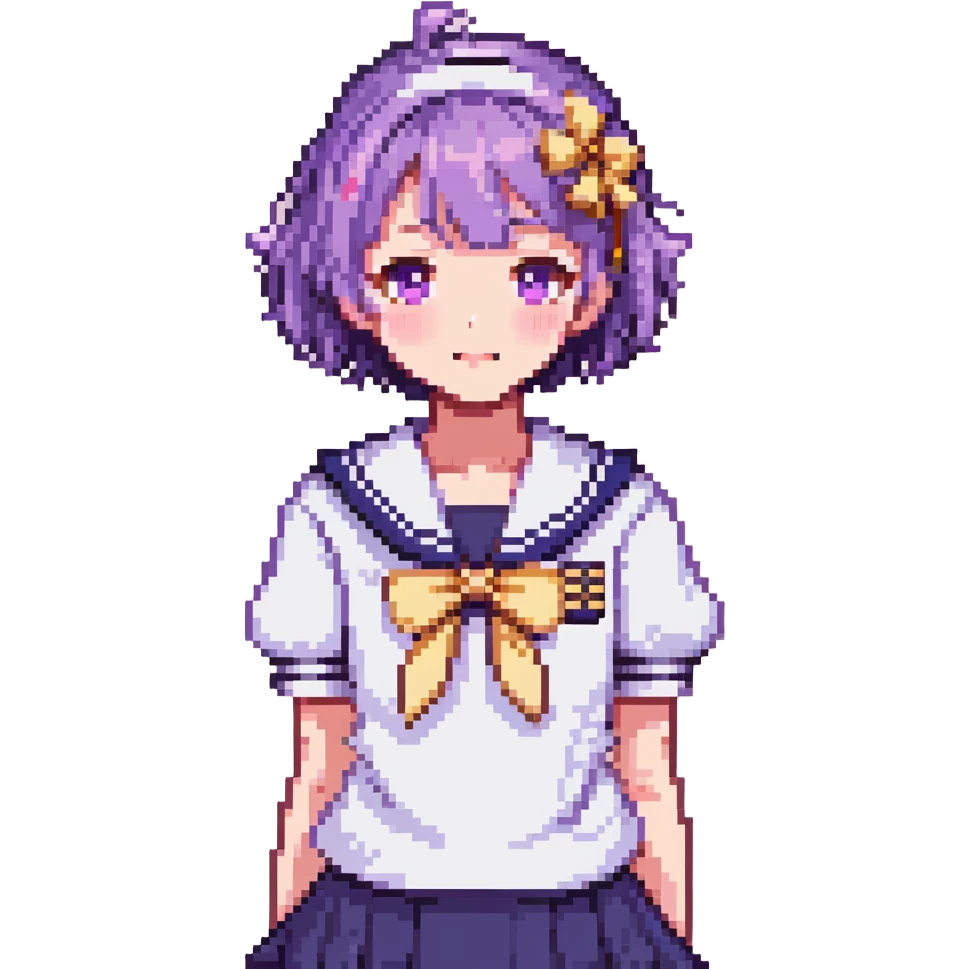 Pixel art anime schoolgirl with short bright purple hair in Japanese sailor uniform, standing with one hand on hip trying to look brave but shyly waving with pink blush across face emoji