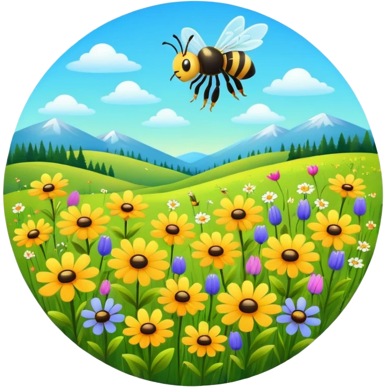 lively meadow with wildflowers and a buzzing bee, bright colors, rounded shapes emoji