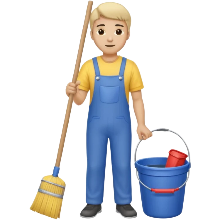 ligth man in cleaning clothes, holding a broom and a bucket emoji