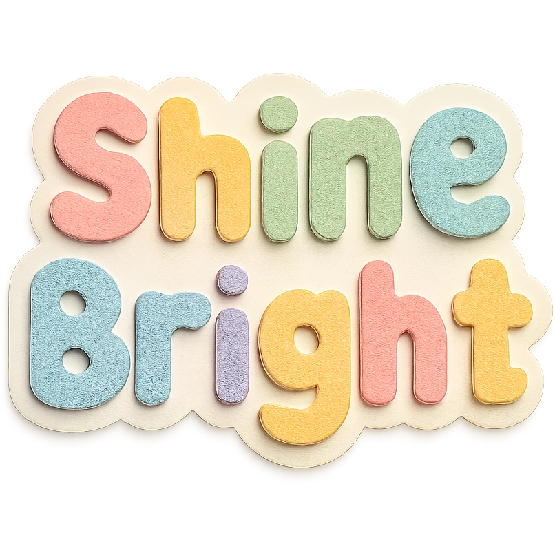 kawaii sticker text "Shine Bright" in soft pastel rainbow soft puffy letters, no border, transparent background emoji