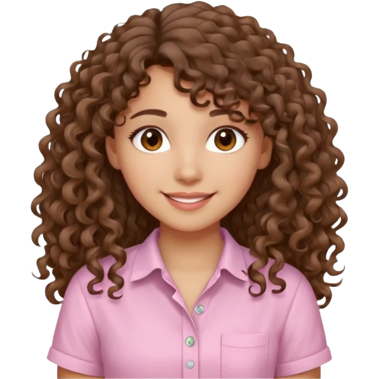 A Latina girl with brown eyes and long loose curly hair with curly bangs with a light pink shirt emoji
