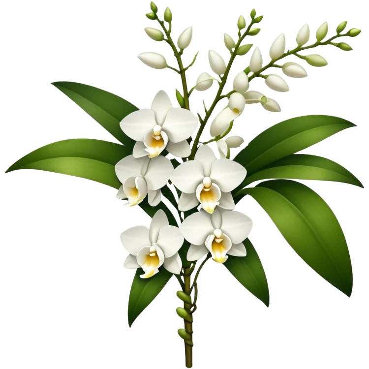 big bouquet white Dendrobium Orchid, stem, leaf emoji