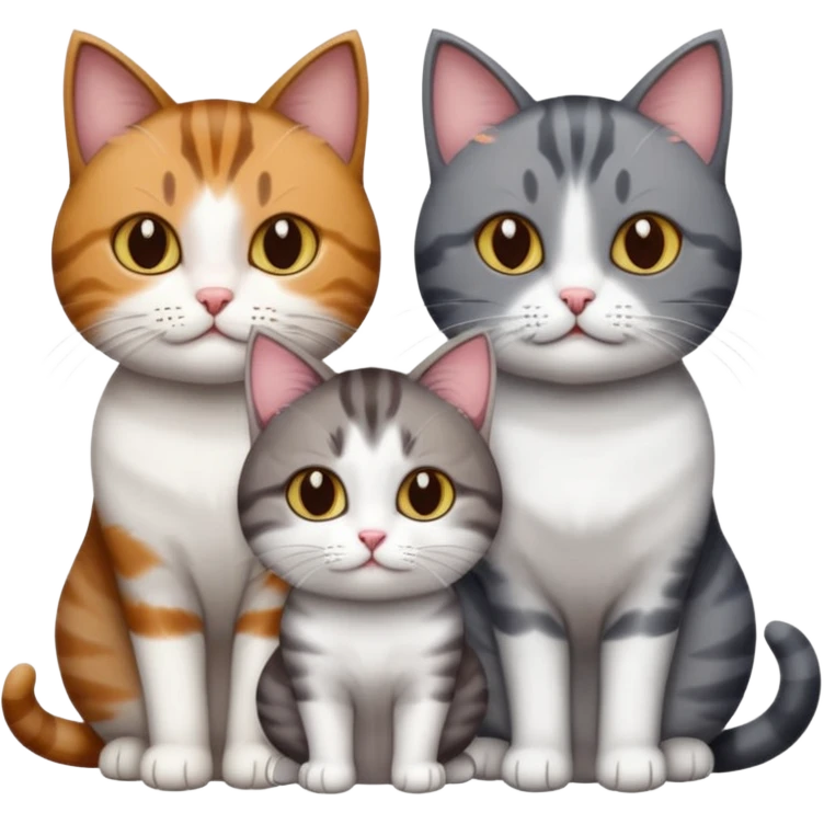3 different coloured short haired cats including; a dark brown tabby and white cat, and a dark grey and white  emoji