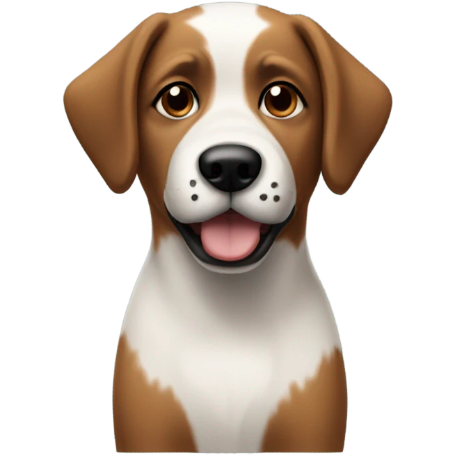 A dog with white, brown and black fur with a black nose and brown eyes emoji