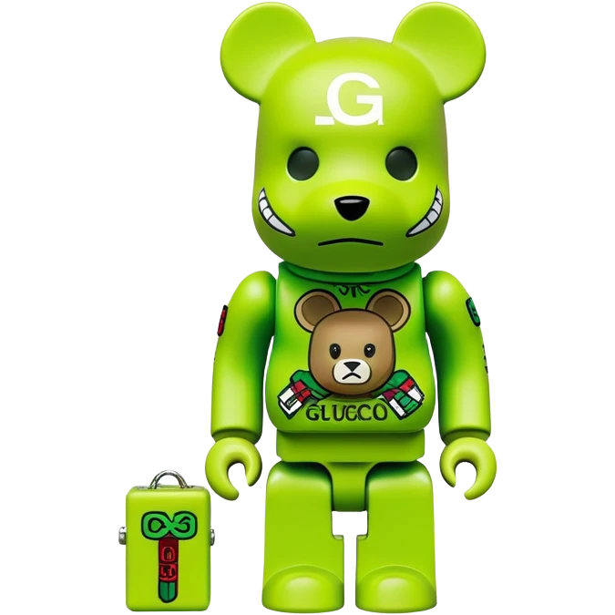 bearbrick with cube head in a lime green balaclava heavily tagged with multiple luxury and street brand logos, random placement like street graffiti, Supreme, Gucci, LV, Nike swooshes all mixed in wild street art style emoji