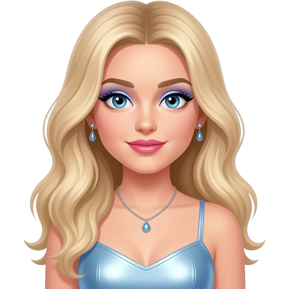 Sabrina Carpenter with blue eyes, long light blonde wavy hair, periwinkle eyeshadow, pink lipstick, light blue metallic pop outfit, necklace and earrings emoji