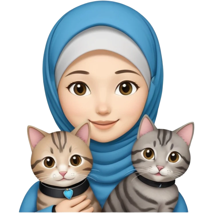 Asian White girl wearing hijab holding a black grey tabby cat while smiling.  The cat is wearing a blue collar emoji