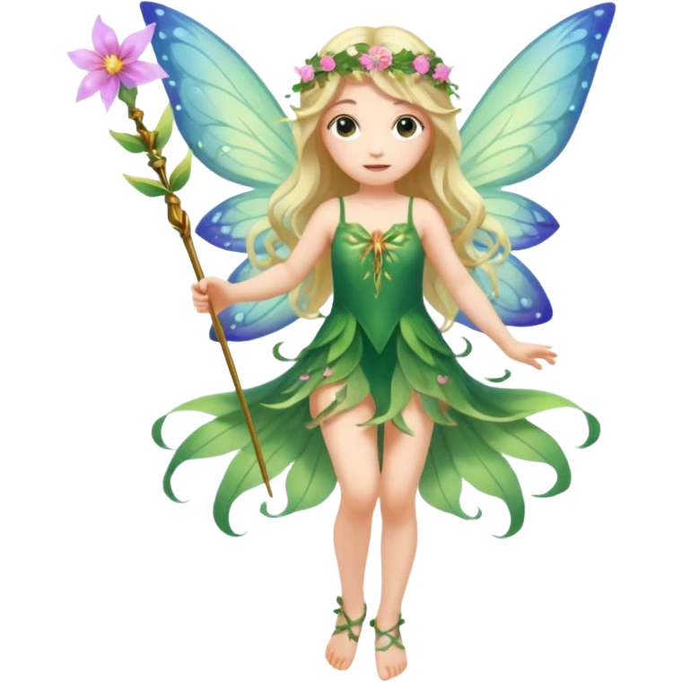 A flower fairy girl, with wings all over her body, one leg straight and the other bent, one hand raised holding a magic wand, the other hand lowered. emoji