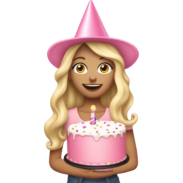 White woman, long hair, blonde hair, wavy hair, baby pink party cone hat, holding birthday cake emoji