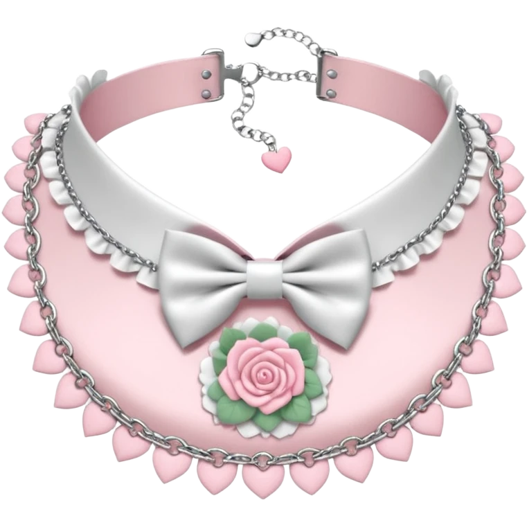 Pastel-baby-rose-pink Lolita-styled aesthetic cute kawaii choker-collar-necklace adorned with with white frills, roses, hearts, bow tie, silver chains, sakura flowers, apparel  emoji