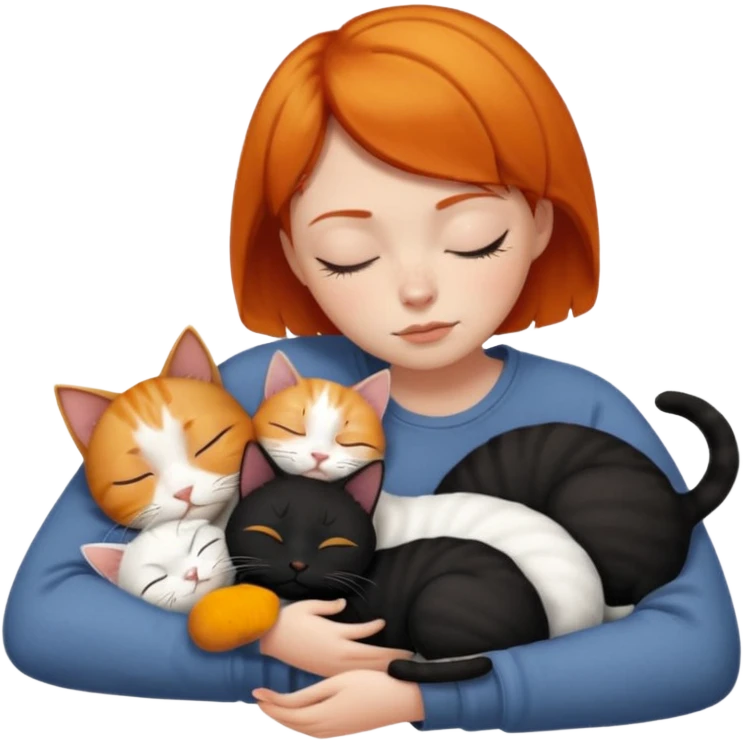 Ginger Girl short hair sleeping with two cats a black and a whole white bigger cat  emoji