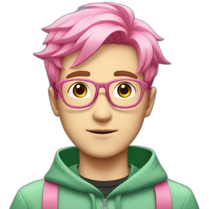 anime pink haired guy with green lenses glasses and pink antennas with sea-green uniform emoji