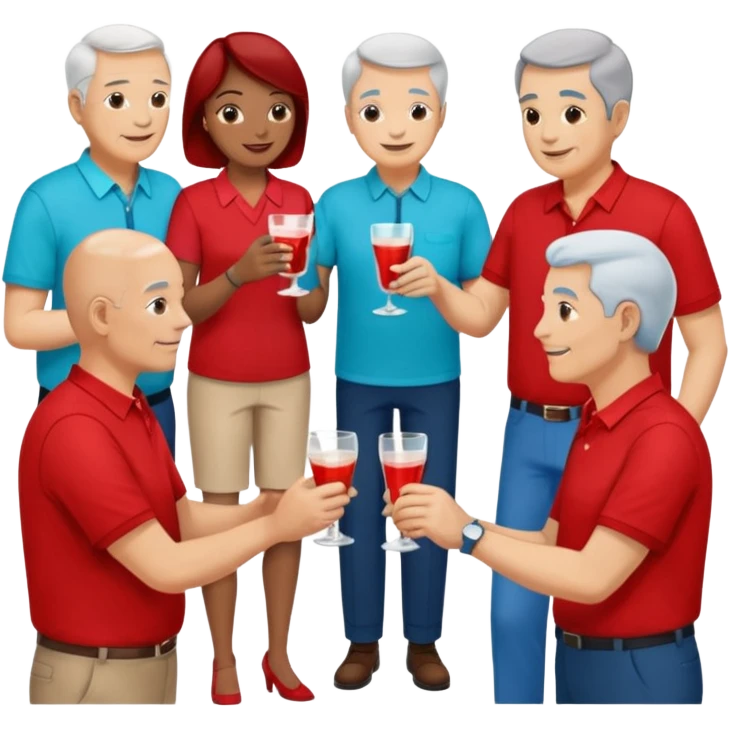 A room packed with adults and seniors in casual clothing with red, aqua and blue shirts, some with drinks, chatting at an afterwork meeting emoji