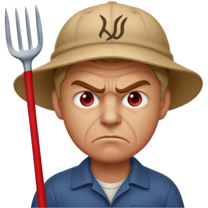 Angry man with a pitchfork and a cap that has a no symbol emoji
