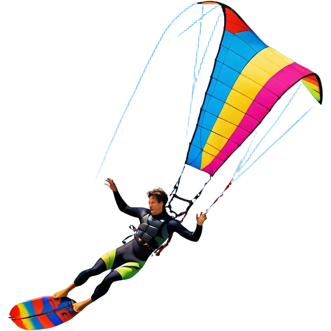 A vibrant kite soaring high in the sky, attached to a kiteboarder riding the waves below. The scene is filled with bright colors, capturing the energy of the sport. The background features the ocean, wind-blown waves, and a clear sky, showcasing the excitement and freedom of kiting. emoji